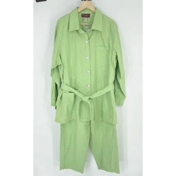 NWT Denim & Co Womens 1X Pants Suit Linen Blend Lime Green Safari Tunic Pockets - Picture 1 of 16